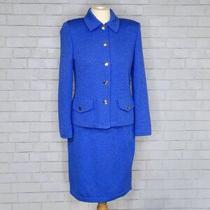 St. John Santana Knit Skirt Suit Royal Blue Gold Hardware Accents